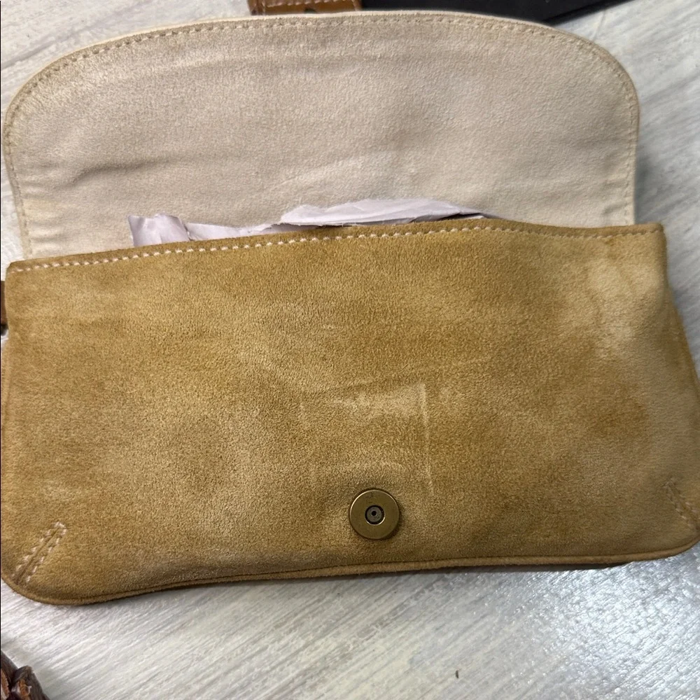 Vintage Coach Legacy Tan and Brown Suede Wristlet with Gold Hardware